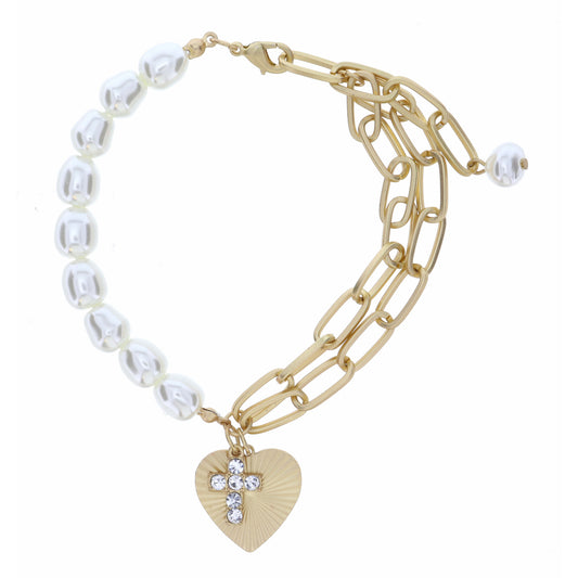 Half Pearl, Half Double Same Chain with Heart & Crystal Cross  Bracelet