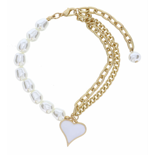 Half Pearl, Half Double Chain with White Heart  Bracelet