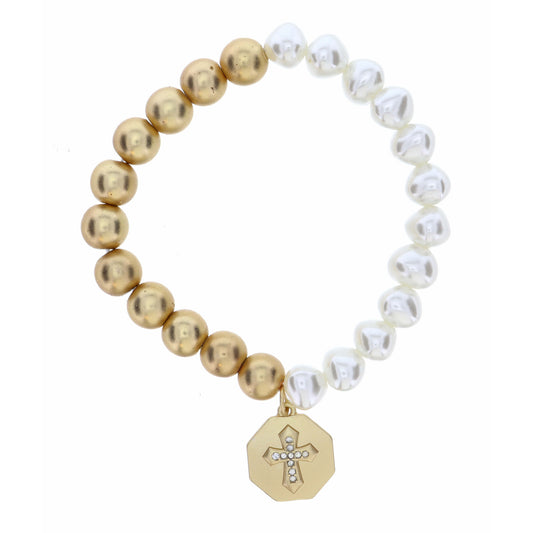 Half Pearl, Half Gold Beaded with Crystal Cross on Octagon Bracelet