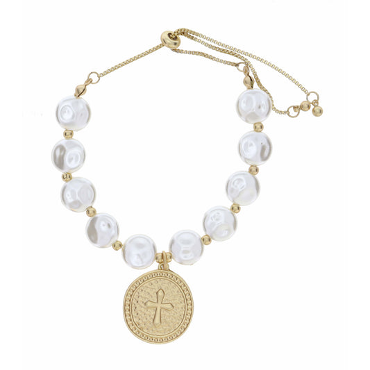 Salt Water Pearl with Hammered Circle with Raised Center Cross Bracelet