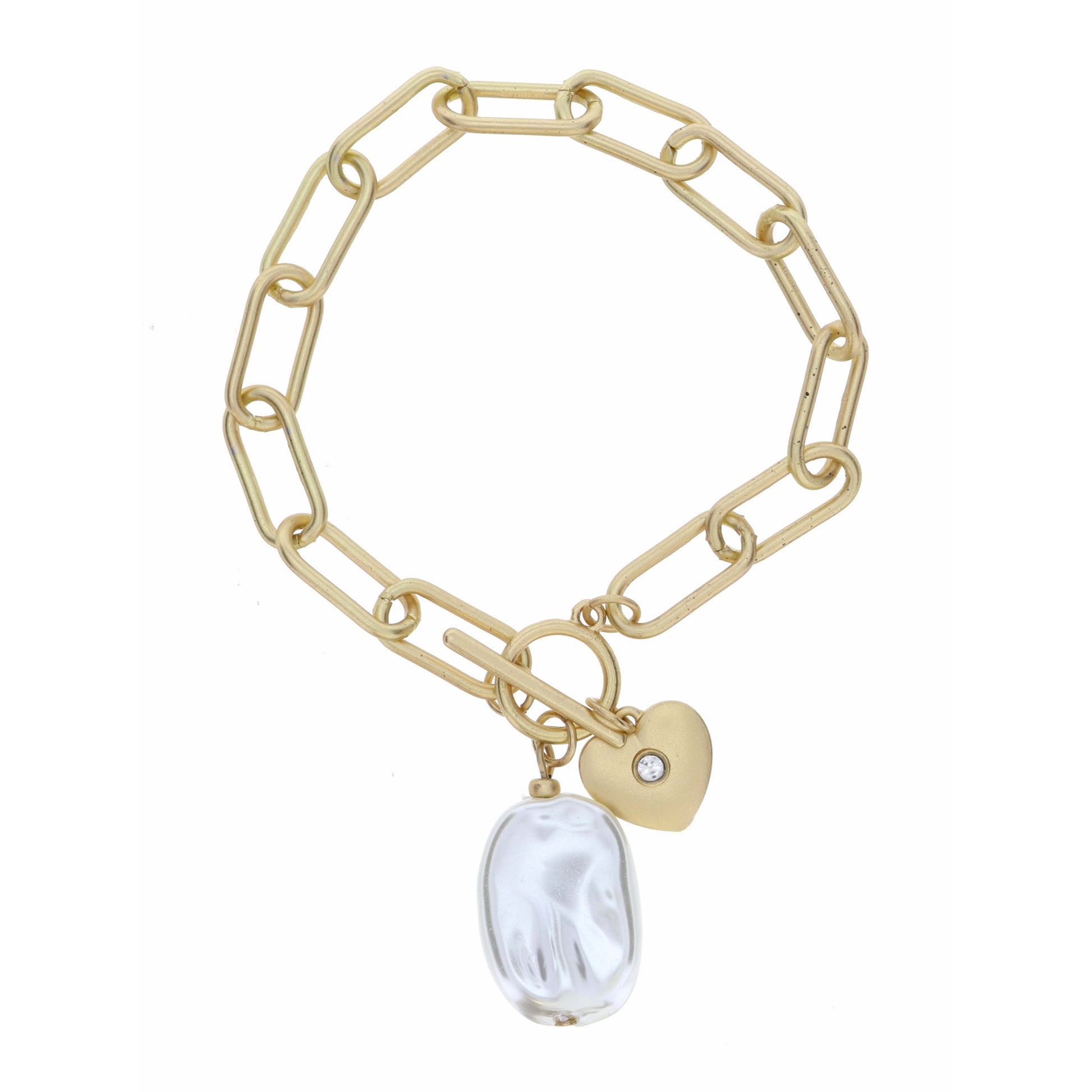 Gold Link Toggle with Large Salt Water Pearl with Gold Heart Bracelet