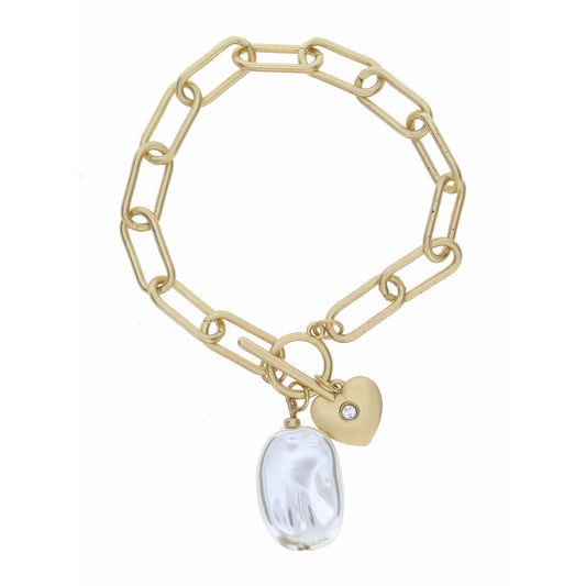 Gold Link Toggle with Large Salt Water Pearl with Gold Heart Bracelet