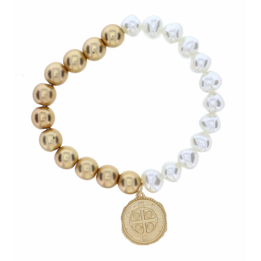 Half Pearl, Half Gold Beaded with Decorative Cross Circle Bracelet