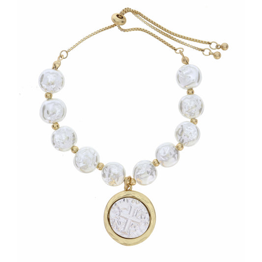Salt Water Pearl with Two Tone Circle Cross Bracelet