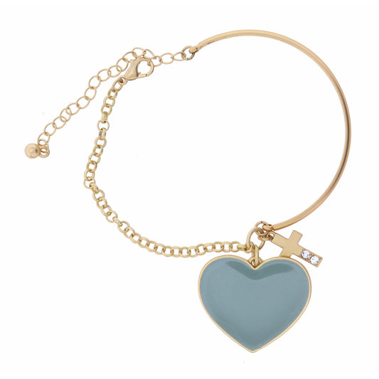 Grey Heart & Crystal Cross Bracelet, 2" Ext.