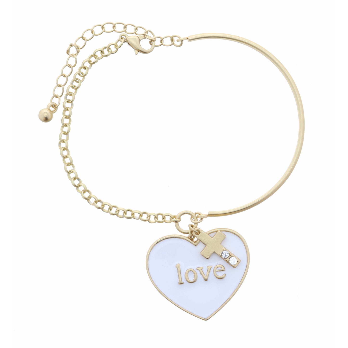White Heart "Love" & Crystal Cross Bracelet, 2" Ext.