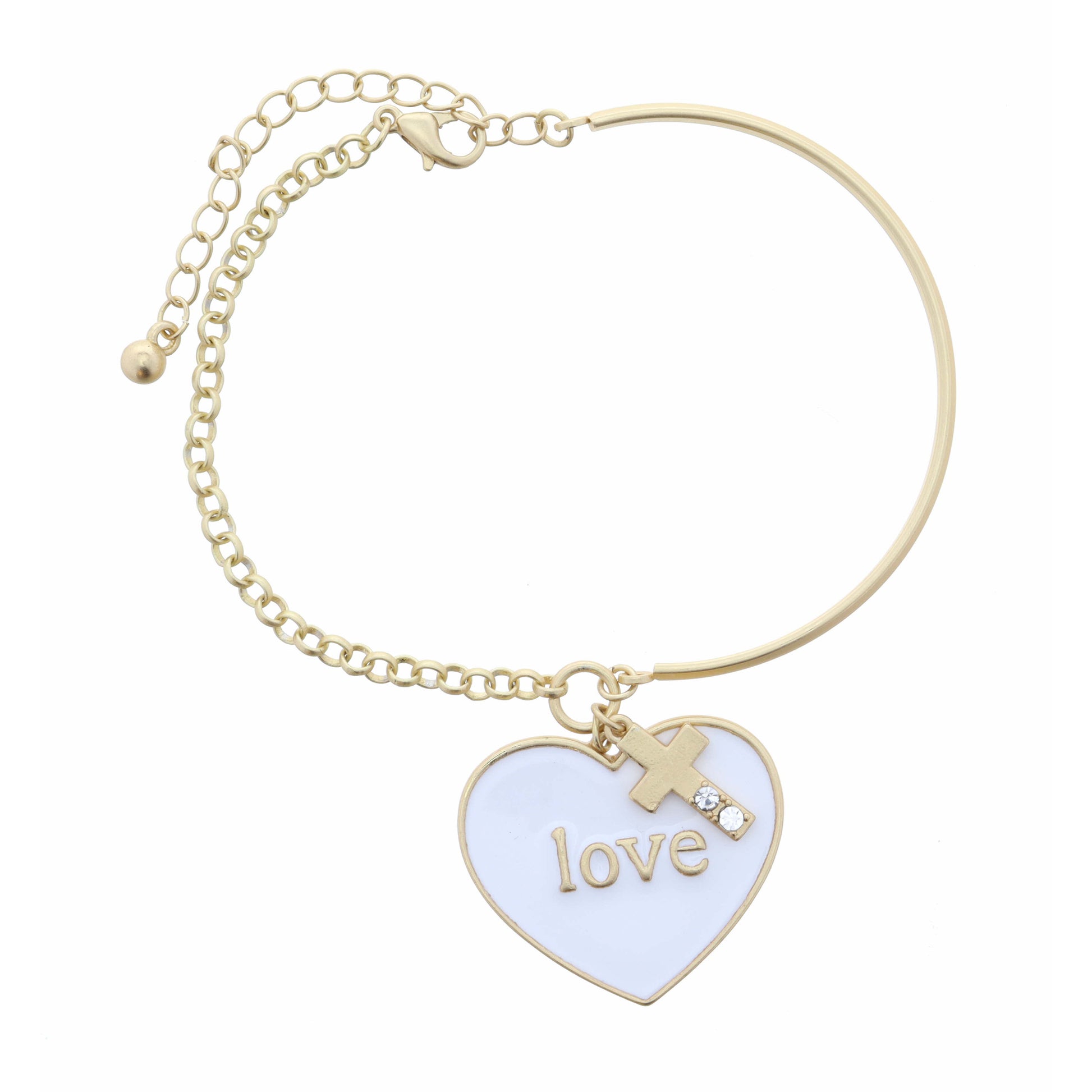 White Heart "Love" & Crystal Cross Bracelet, 2" Ext.