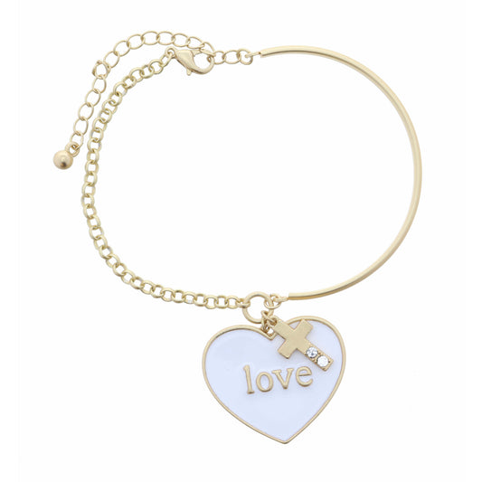 White Heart "Love" & Crystal Cross Bracelet, 2" Ext.