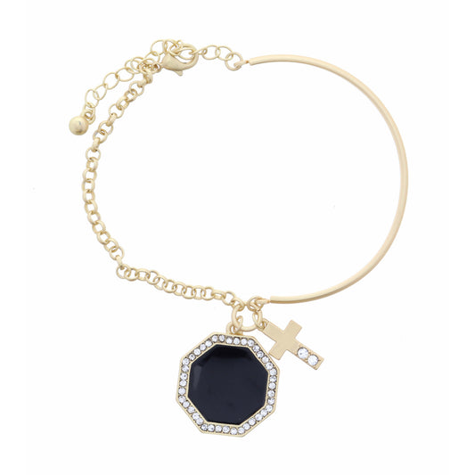 Black Hexagon with Crystal Outline & Cross Bracelet, 2" Ext.