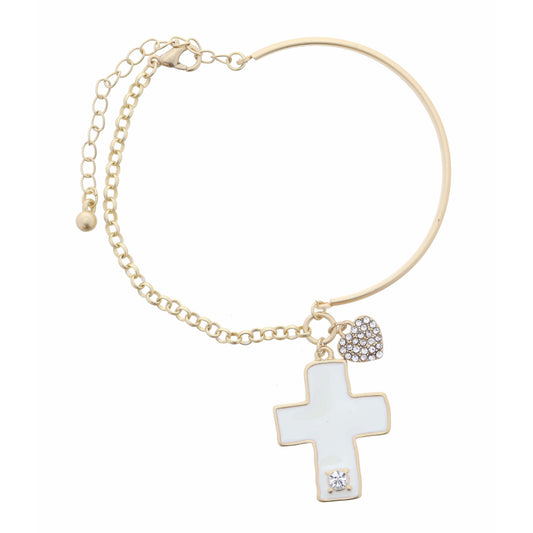 Ivory Cross & Crystal Heart Bracelet, 2" Ext.