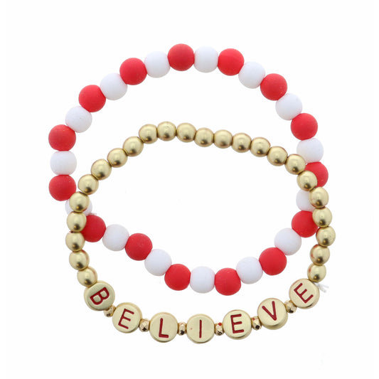 Kids Set of 2 ,"Believe" Lettered Disks on Gold, Multi Beaded Bracelet