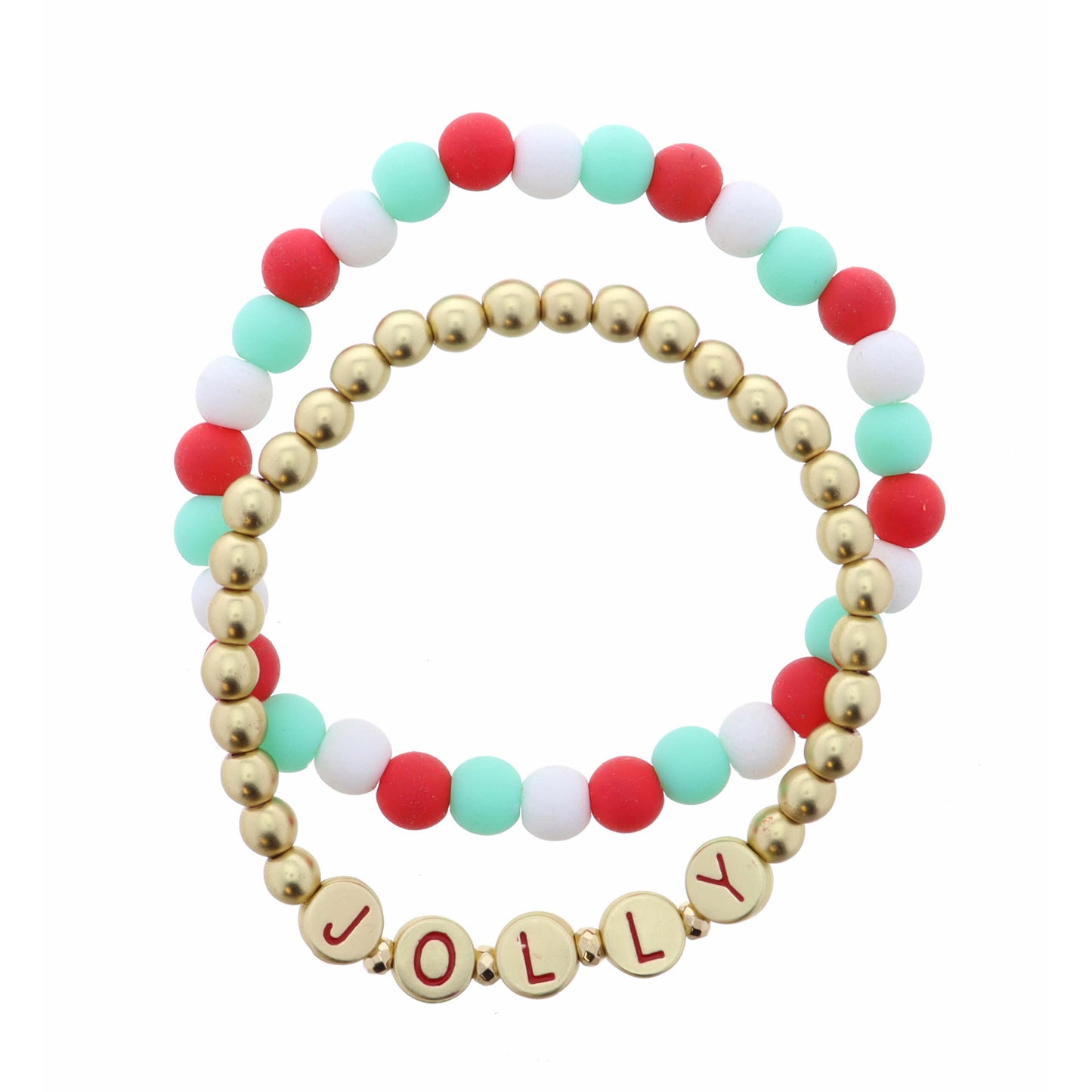 Kids Set of 2 ,"Jolly" Lettered Disks on Gold, Multi Beaded Bracelet