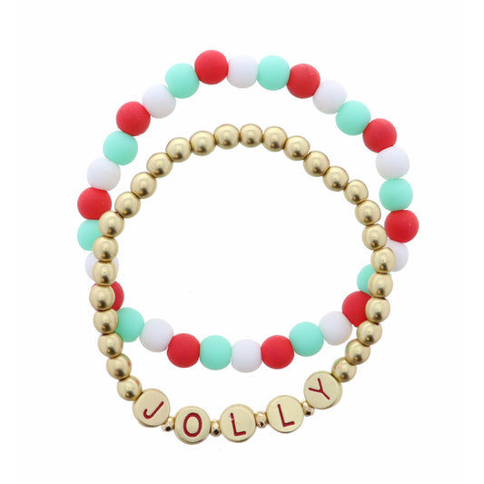 Kids Set of 2 ,"Jolly" Lettered Disks on Gold, Multi Beaded Bracelet