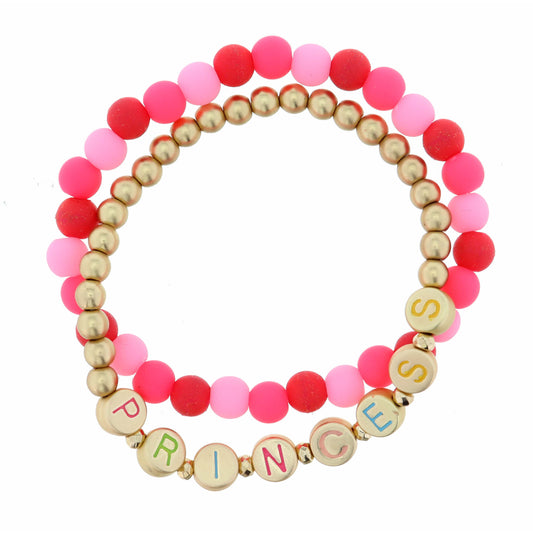 Kids Set of 2 ,"Princess" Lettered Disks on Gold, Multi Beaded Bracelet