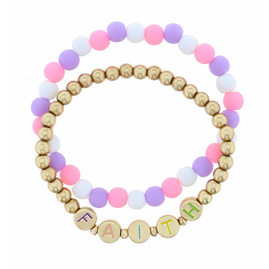 Kids Set of 2 ,"Faith" Lettered Disks on Gold, Multi Beaded Bracelet
