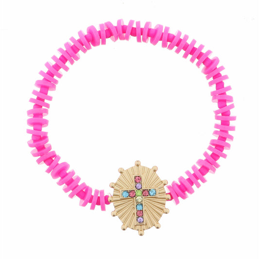 Kids Multi Crystal Cross on Gold Oval Disc with Studs Bracelet