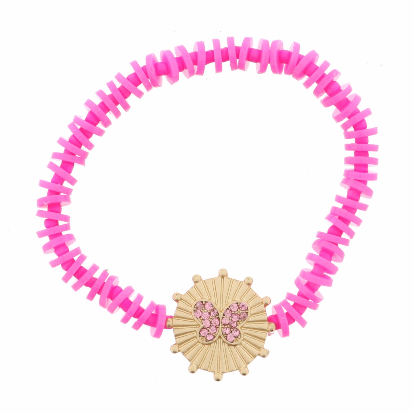 Kids Pink Crystal Butterfly on Gold Disc with Studs Bracelet