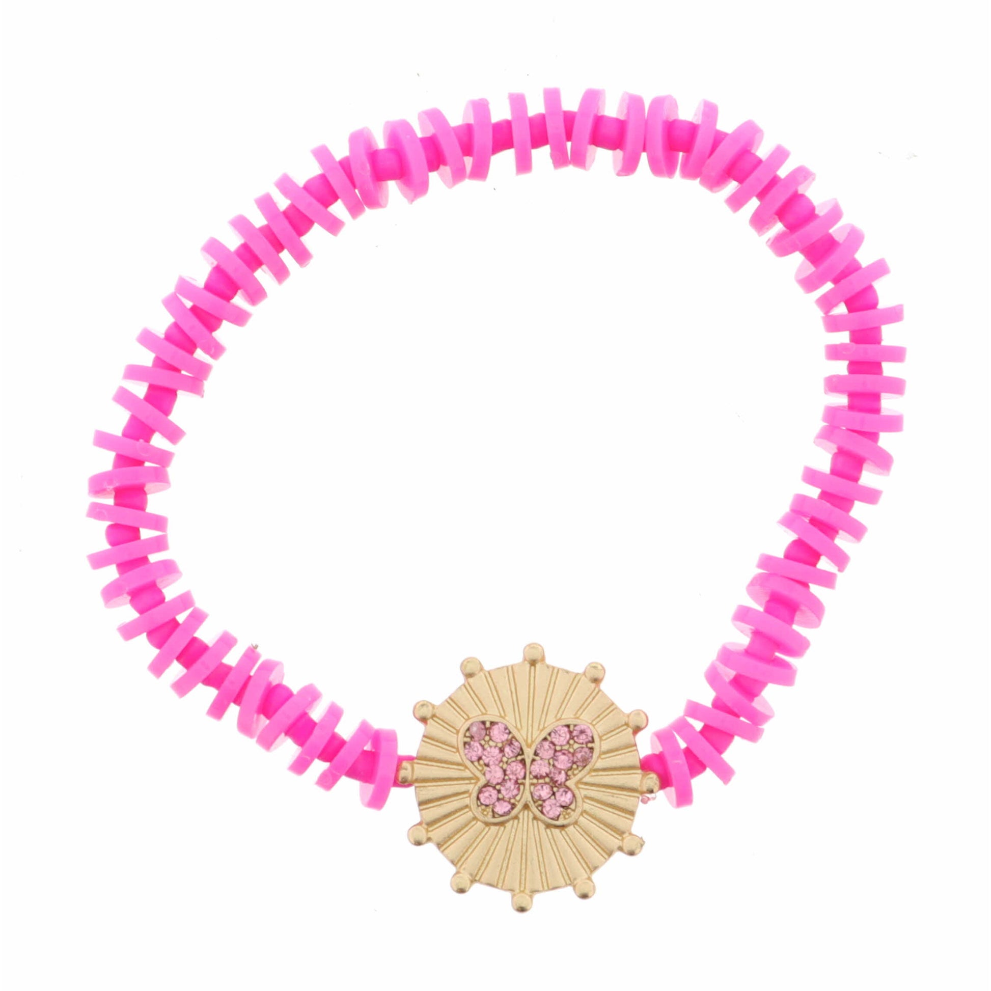 Kids Pink Crystal Butterfly on Gold Disc with Studs Bracelet