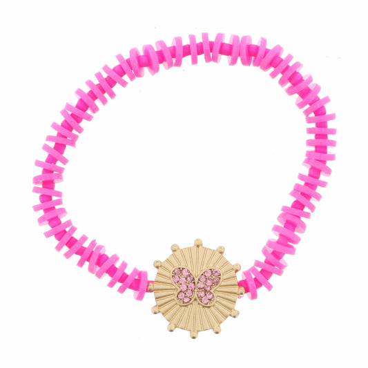 Kids Pink Crystal Butterfly on Gold Disc with Studs Bracelet