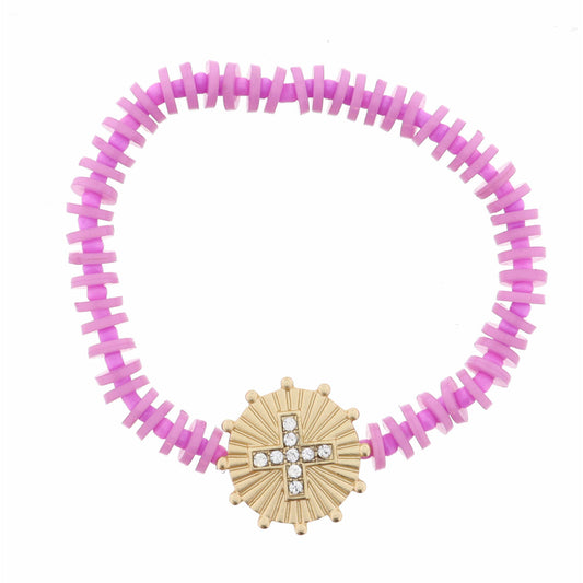 Kids Clear Square Cross on Gold Disc with Studs Bracelet