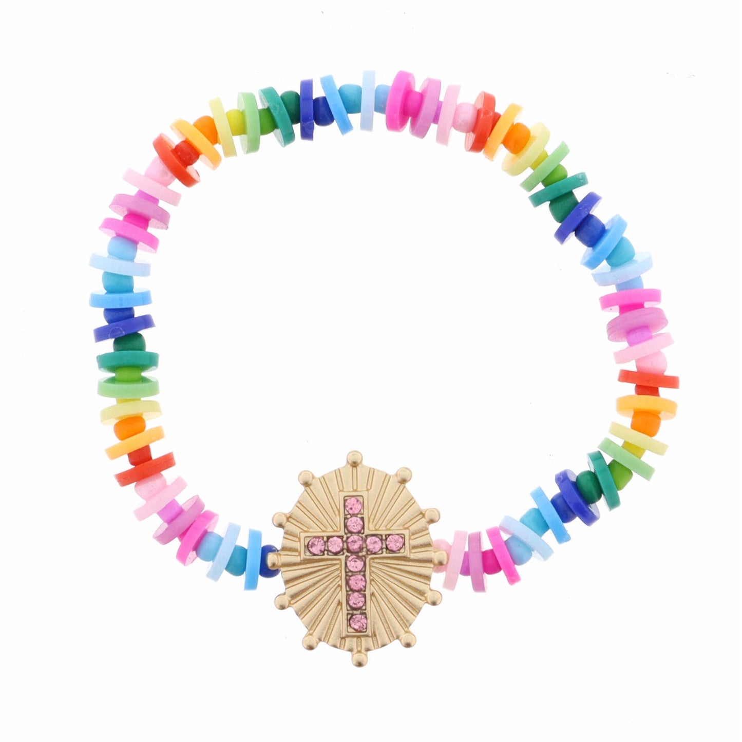 Kids Pink Crystal Cross on Gold Oval Disc with Studs Bracelet