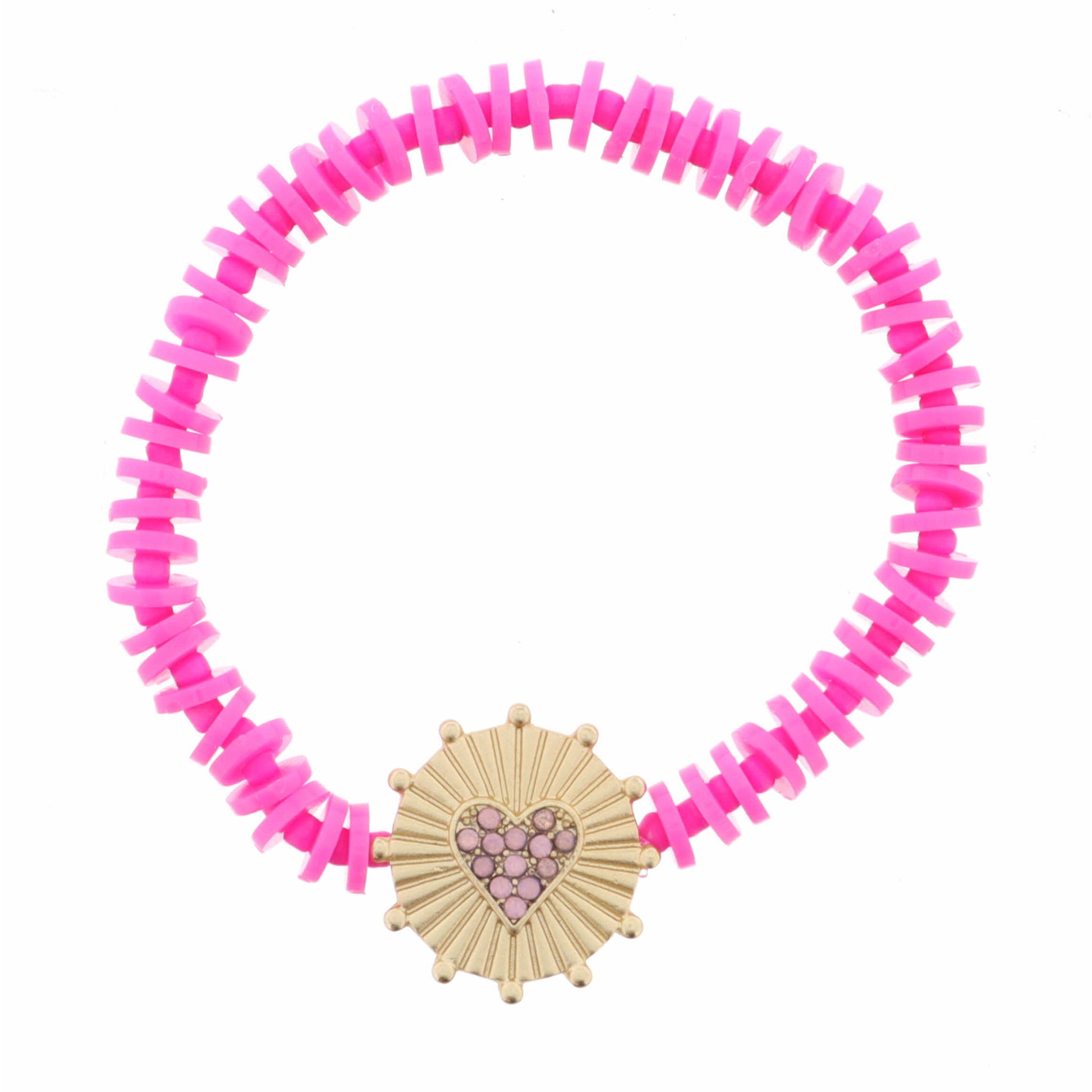 Kids Light Pink Crystal Heart on Gold Disc with Studs Bracelet