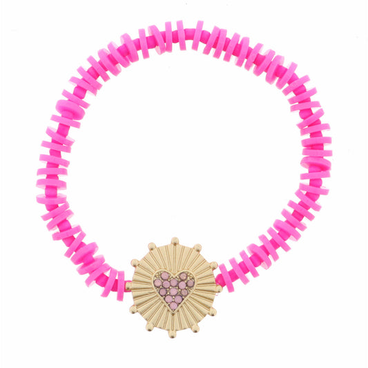 Kids Light Pink Crystal Heart on Gold Disc with Studs Bracelet