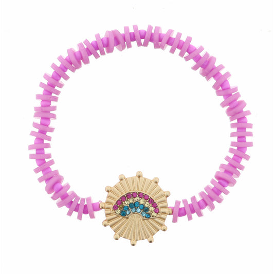 Kids Pink Crystal Rainbow on Gold Disc with Studs Bracelet