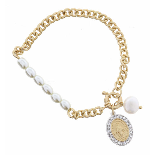 Gold Virgin Mary with Crystal Silver Edge, Pearl, Gold Curb Chain Bracelet