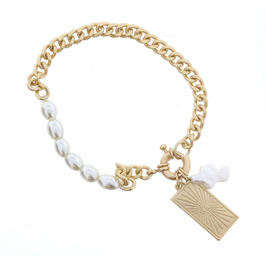 Gold Textured Rectangle and Baroque Cross Pearl on Gold Curb Chain Bracelet