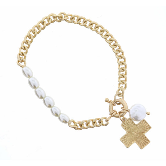 Gold Textured Square Cross and Coin Pearl on Gold Curb Chain Bracelet
