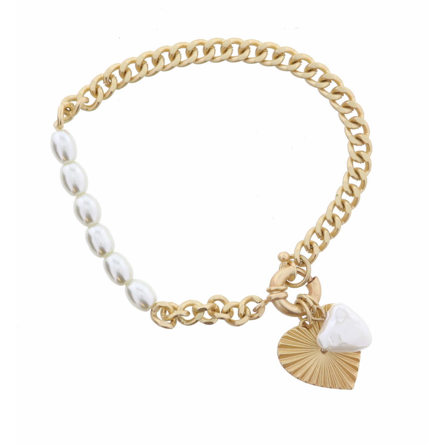 Gold Textured Heart with Crystal, Triangle Pearl, Gold Curb Chain Bracelet
