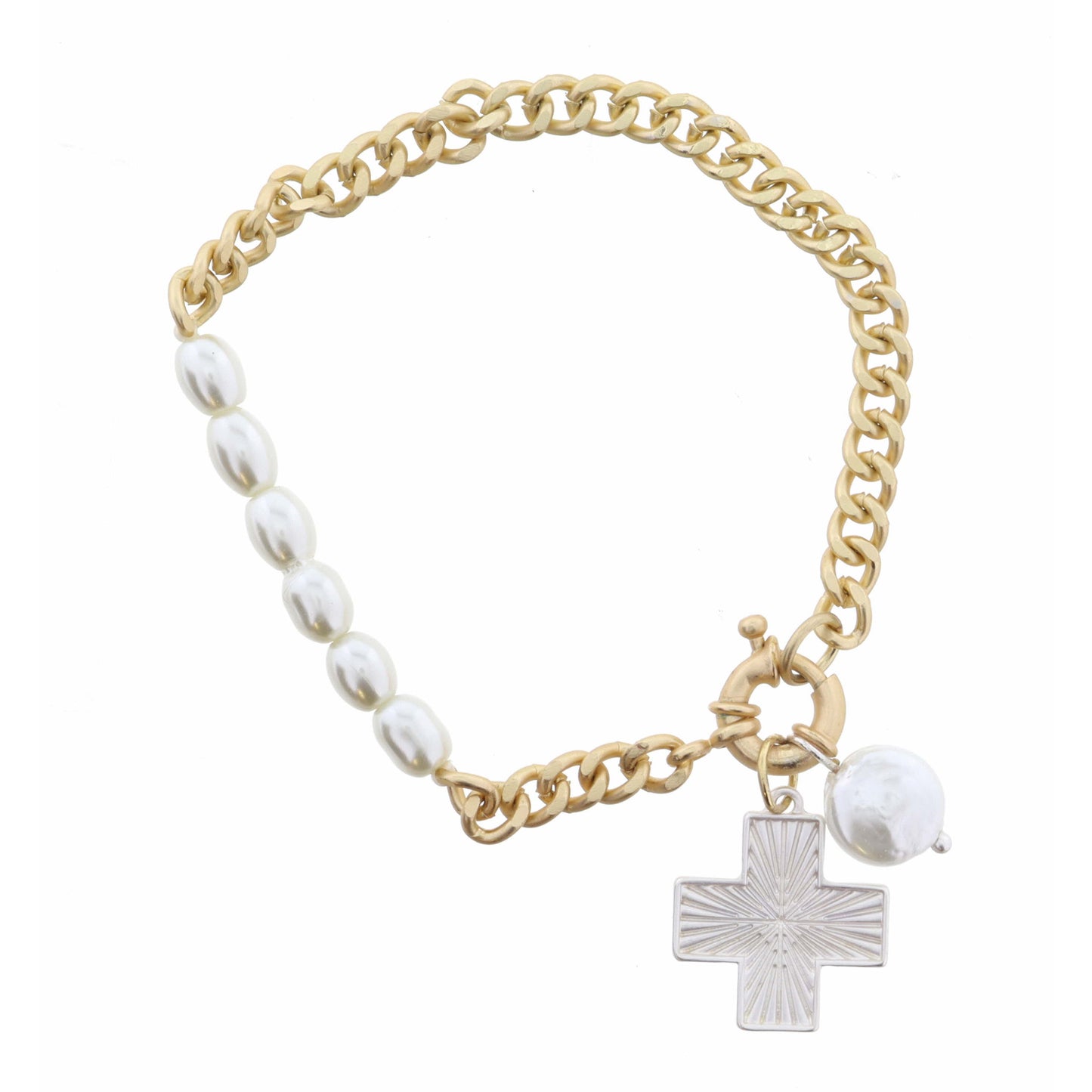 Silver Textured Square Cross and Coin Pearl on Gold Curb Chain Bracelet
