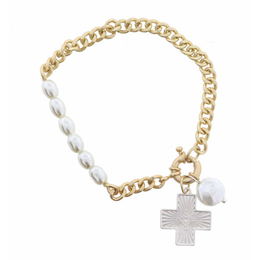 Silver Textured Square Cross and Coin Pearl on Gold Curb Chain Bracelet