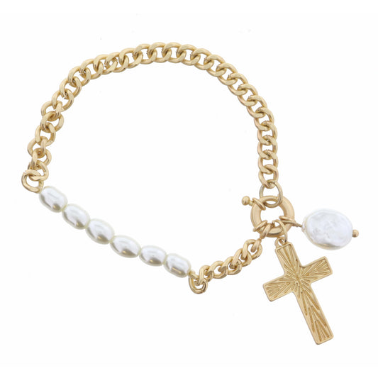 Gold Textured Cross and Baroque Pearl on Gold Curb Chain Bracelet