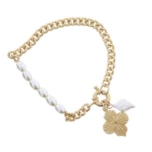 Gold Textured Ornate Shape and Diamond Pearl on Gold Curb Chain Bracelet