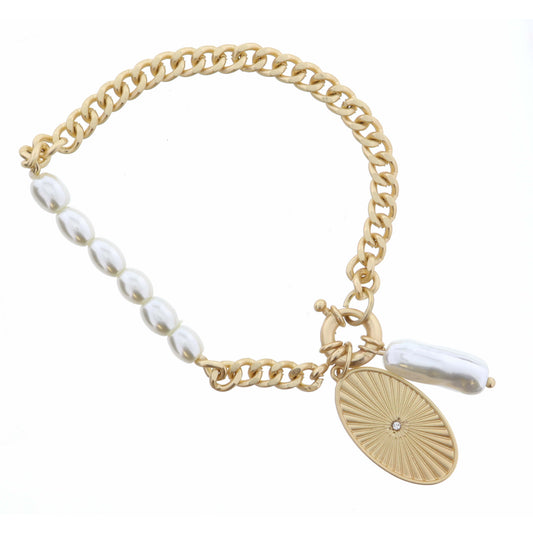 Gold Textured Oval with Crystal and Pearl on Gold Curb Chain Bracelet