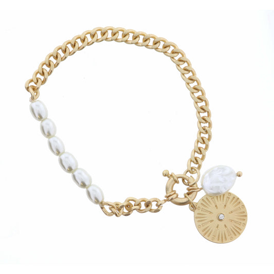 Gold Medallion Disc with Crystal and Pearl on Gold Curb Chain Bracelet