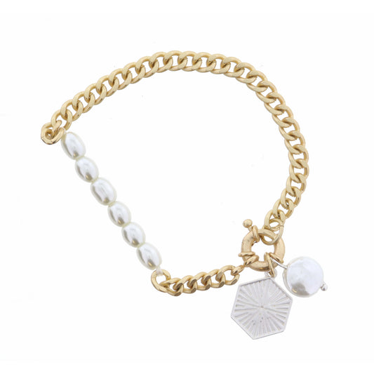 Silver Textured Hexagon and Coin Pearl on Gold Curb Chain Bracelet