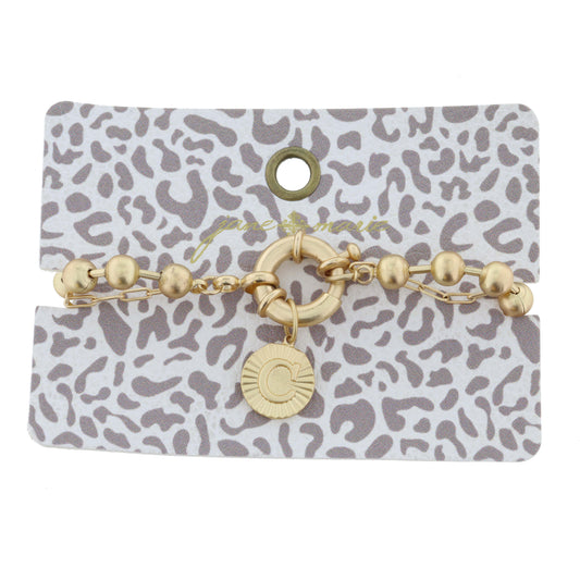 2-Sided, Gold Circle with Latch, Intial "C" and Heart Bracelet