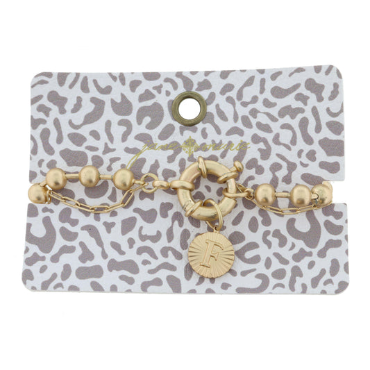2-Sided, Gold Circle with Latch, Intial "F" and Heart Bracelet