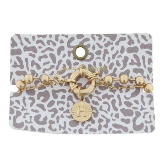 2-Sided, Gold Circle with Latch, Intial "H" and Heart Bracelet