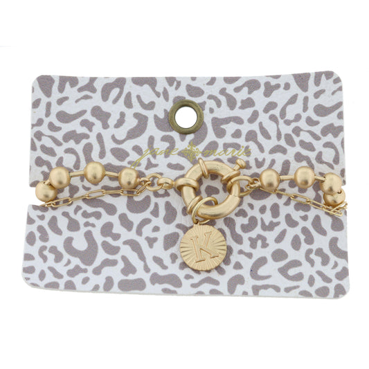 2-Sided, Gold Circle with Latch, Intial "K" and Heart Bracelet