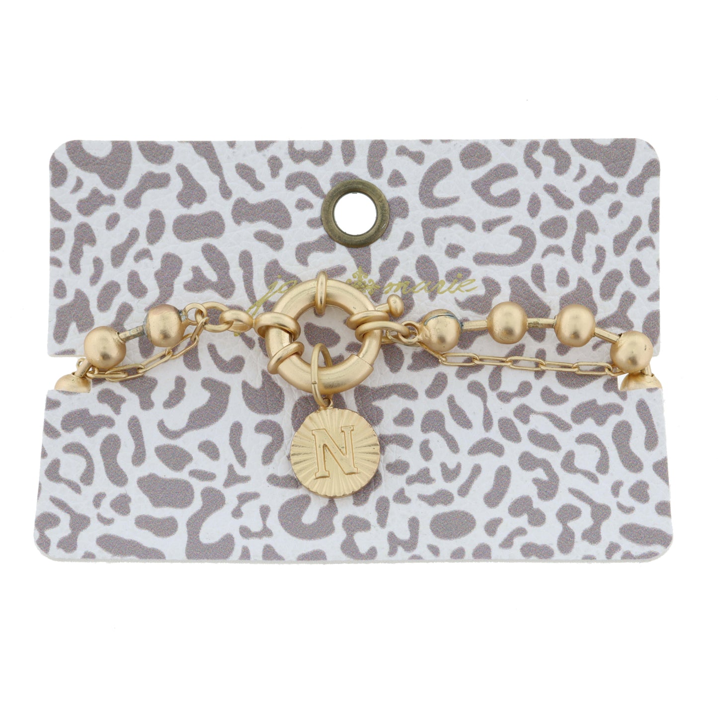 2-Sided, Gold Circle with Latch, Intial "N" and Heart Bracelet