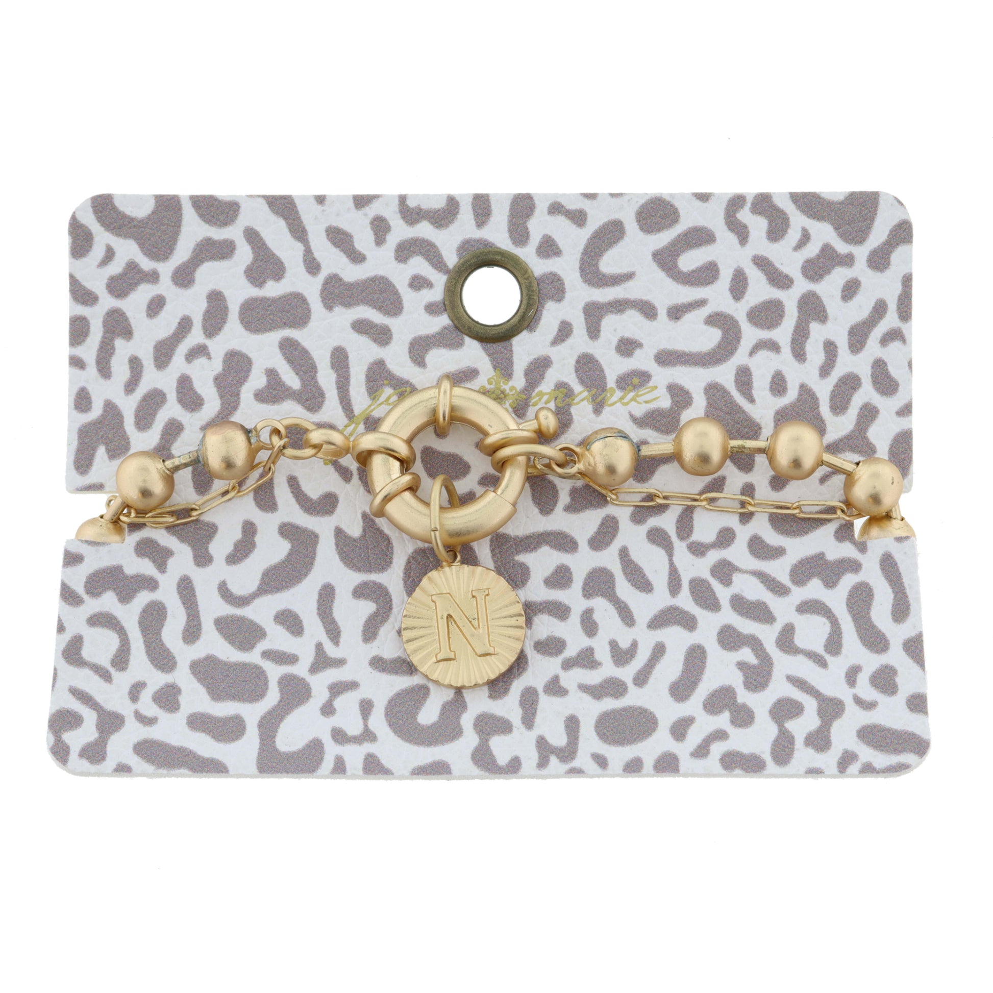 2-Sided, Gold Circle with Latch, Intial "N" and Heart Bracelet