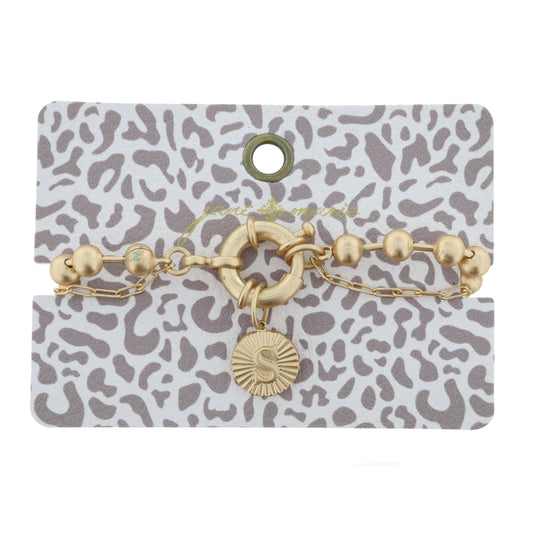 2-Sided, Gold Circle with Latch, Intial "S" and Heart Bracelet