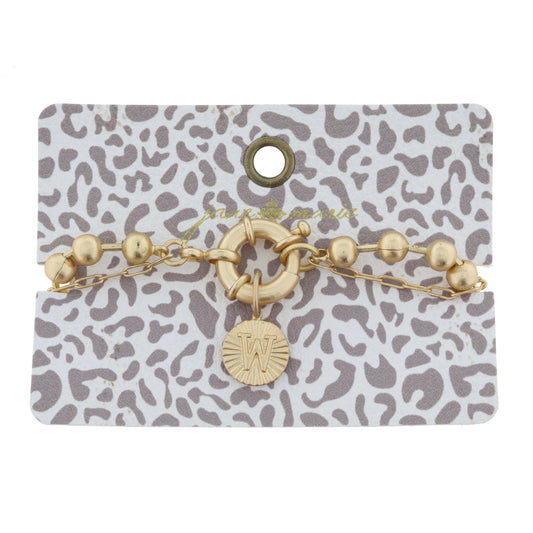 2-Sided, Gold Circle with Latch, Intial "W" and Heart Bracelet
