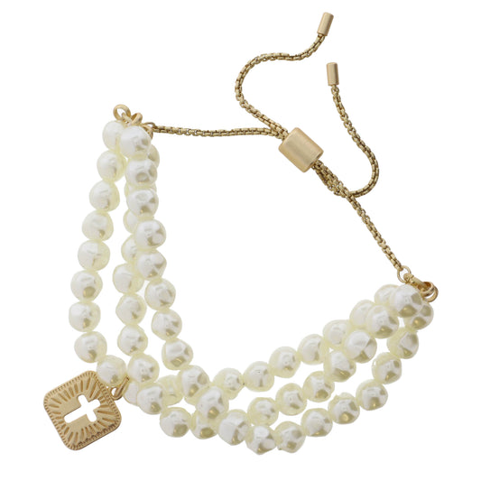 Set of 3, Pearl & Gold and Gold Rounded Square with Cut Out Cross Bracelet