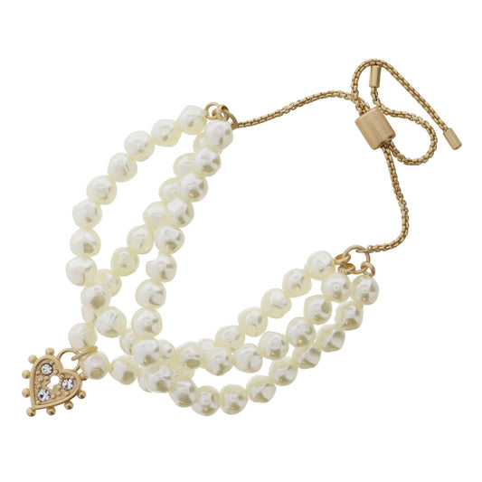 Set of 3, Pearl & Gold and Gold Heart Keyhole Lock with Crystals Bracelet