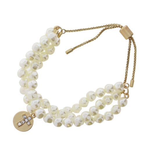 Set of 3, Pearl & Gold and Gold Disc with Crystal Cross Bracelet